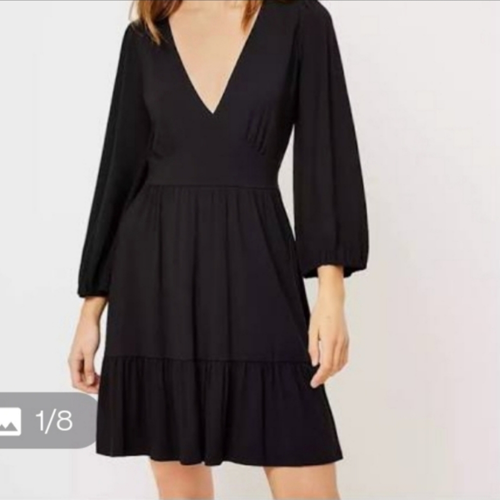 Loft Flounce Long Peasant Sleeve Swing Stretch Smock Back V-Neck Mini Dress